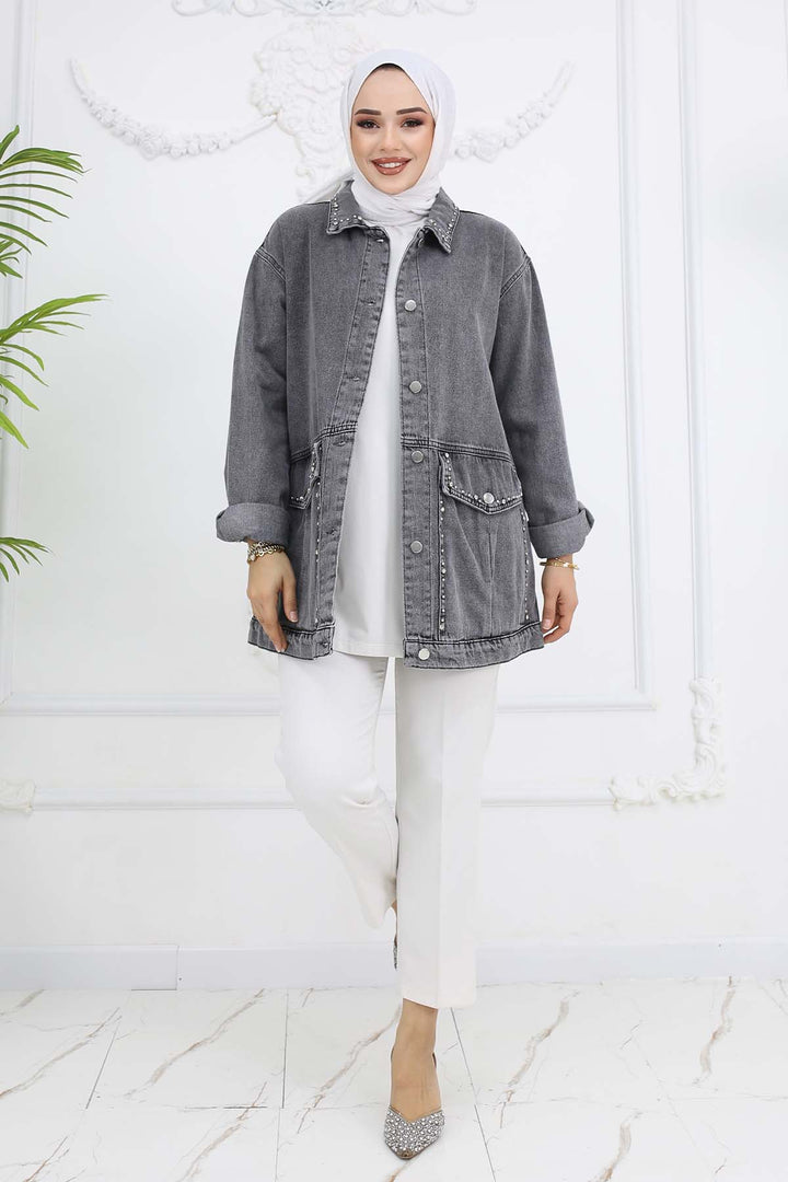 BNG Women Stone Washed Pocket Denim Jacket Gray 7902 - Towson