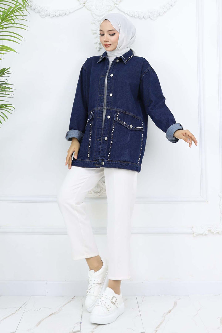 BNG Women Stone-embellished Pocket Denim Jacket Navy 7902 - Compiègne