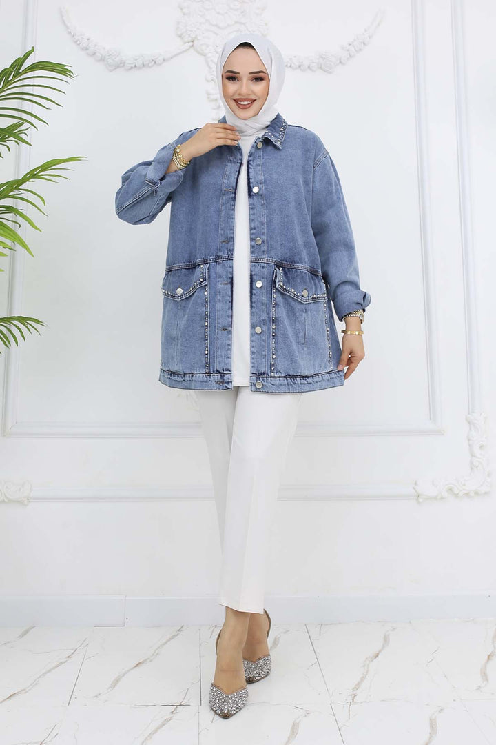 BNG Women Stone-embellished Pocket Denim Jacket Blue 7902 - Görlitz