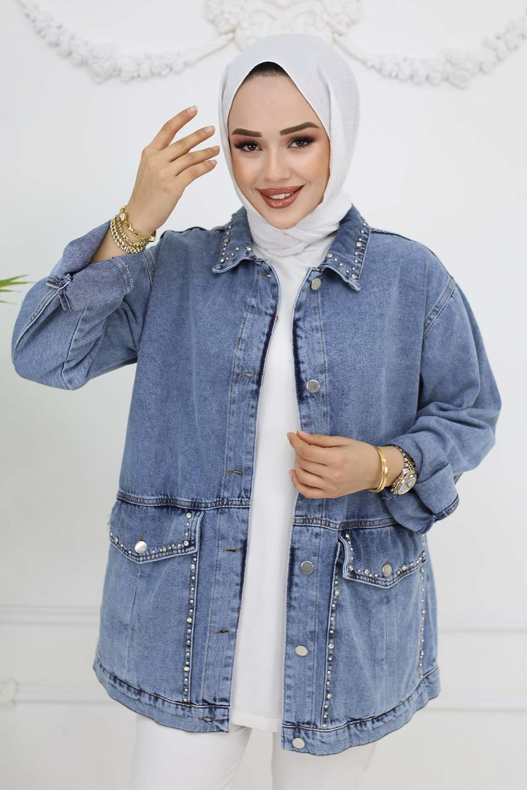 BNG Women Taş İşlemeli Cepli Kot Ceket Mavi 7902 - Prairieville