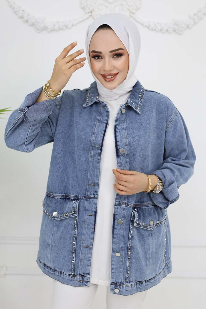 BNG Women Taş İşlemeli Cepli Kot Ceket Mavi 7902 - Prairieville