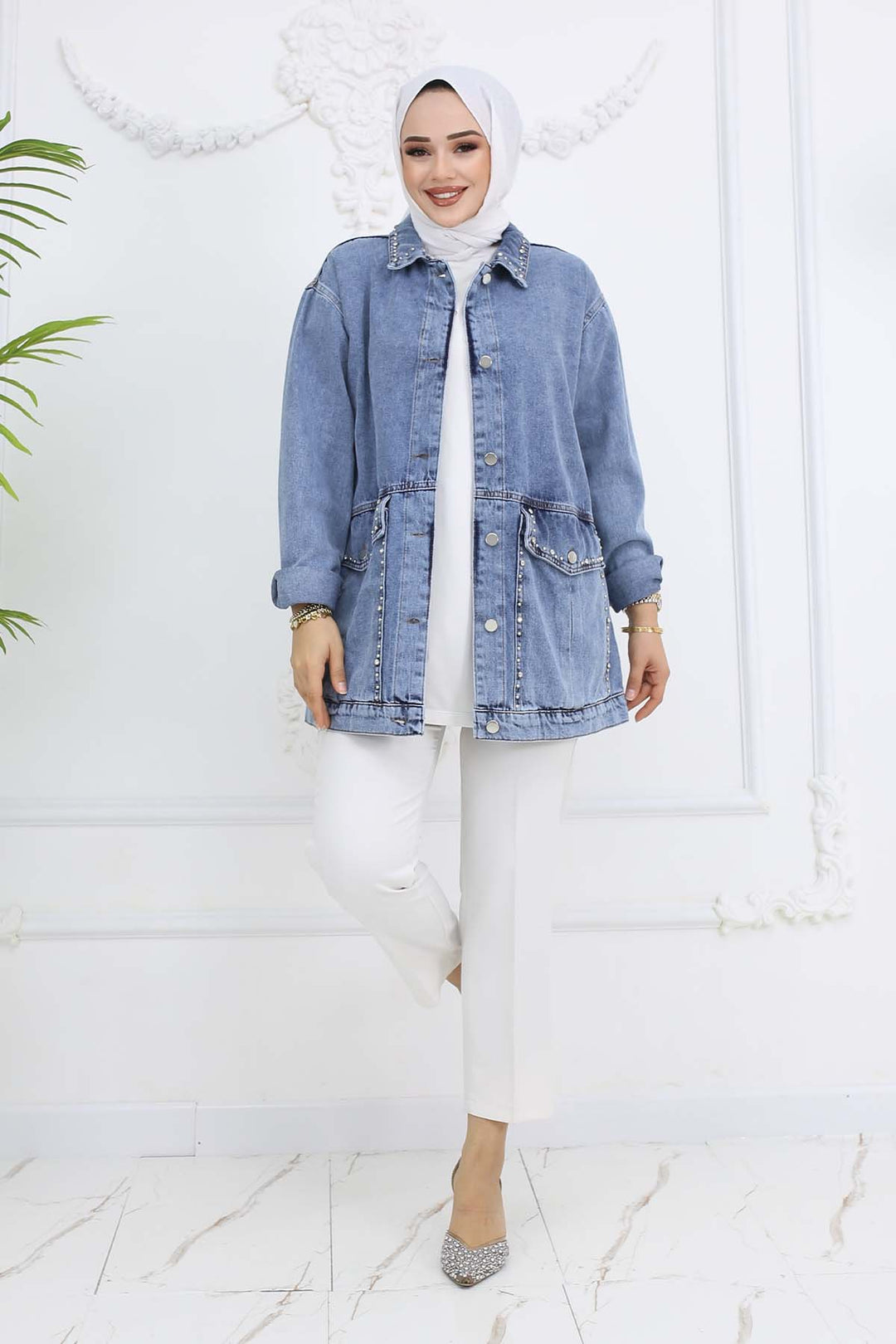 BNG Women Taş İşlemeli Cepli Kot Ceket Mavi 7902 - Prairieville