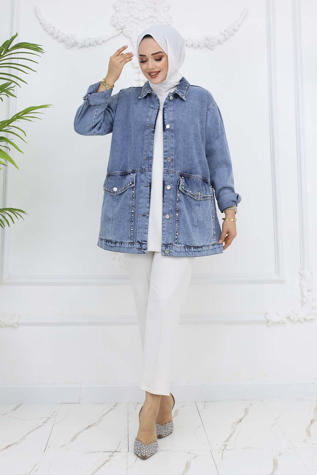 BNG Women Taş İşlemeli Cepli Kot Ceket Mavi 7902 - Prairieville