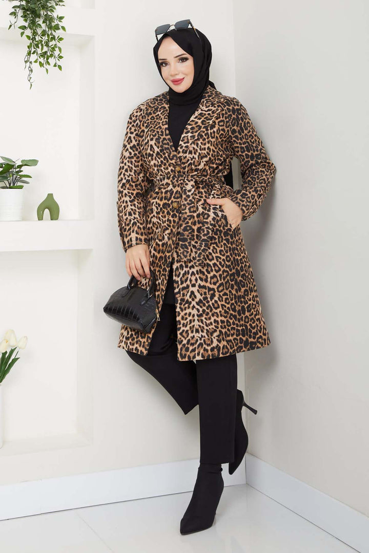 BNG Women Leopar Baskılı Kaşe Kaban Leopar 4911 - Sugar Land