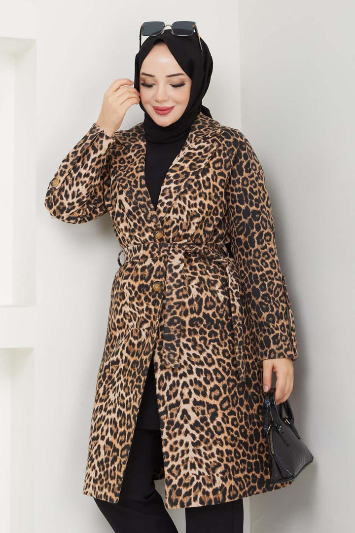 BNG Women Leopar Baskılı Kaşe Kaban Leopar 4911 - Sugar Land