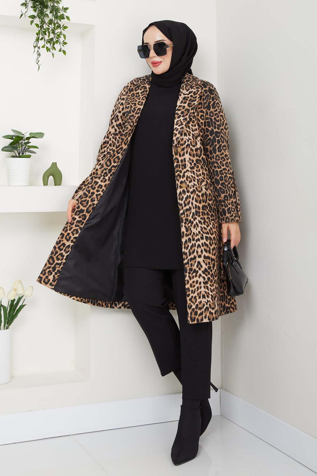 BNG Women Leopar Baskılı Kaşe Kaban Leopar 4911 - Sugar Land