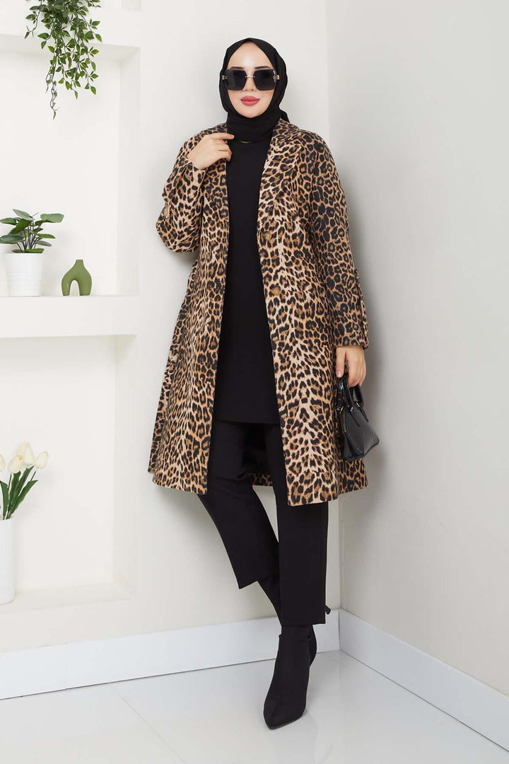 BNG Women Leopar Baskılı Kaşe Kaban Leopar 4911 - Sugar Land