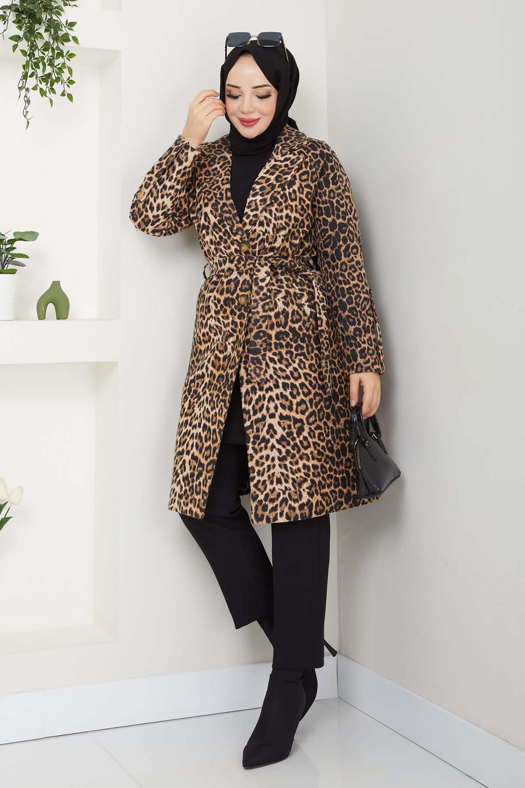 BNG Women Leopar Baskılı Kaşe Kaban Leopar 4911 - Sugar Land