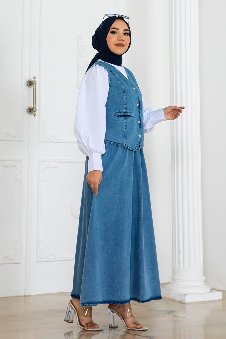 BNG Women Kot Yelekli Etekli Takım Mavi 2186 - Woking