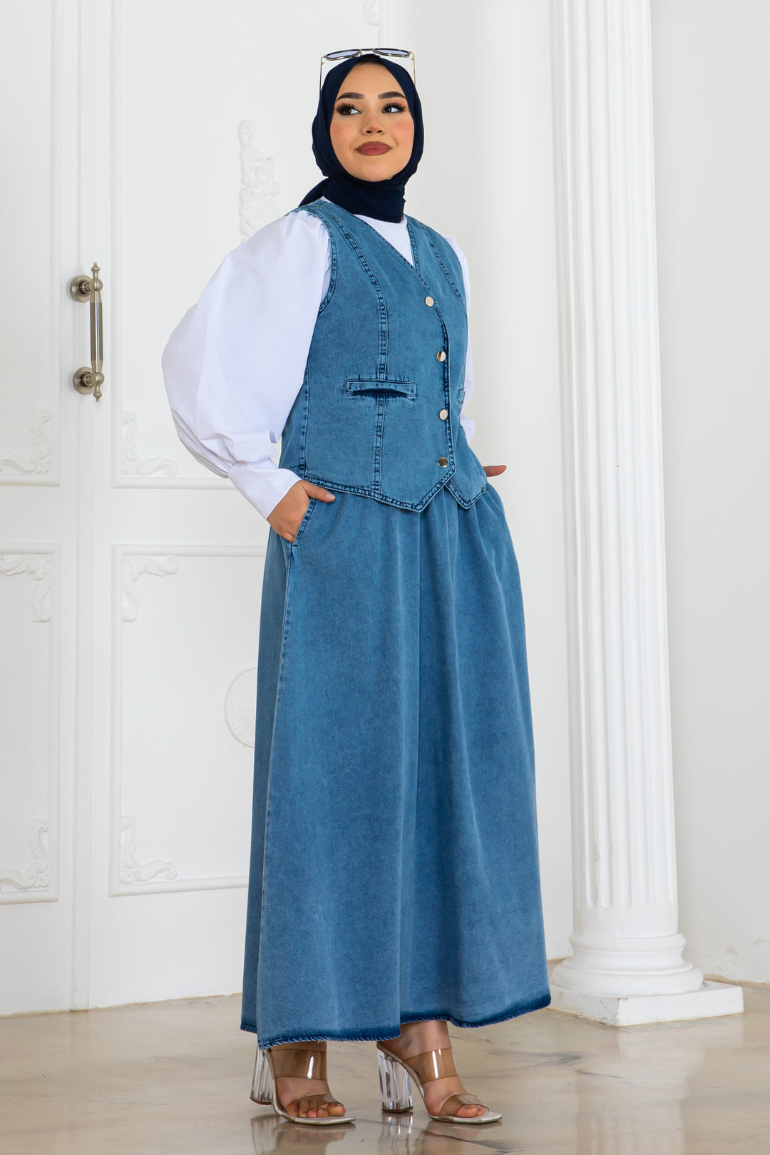 BNG Women Kot Yelekli Etekli Takım Mavi 2186 - Woking