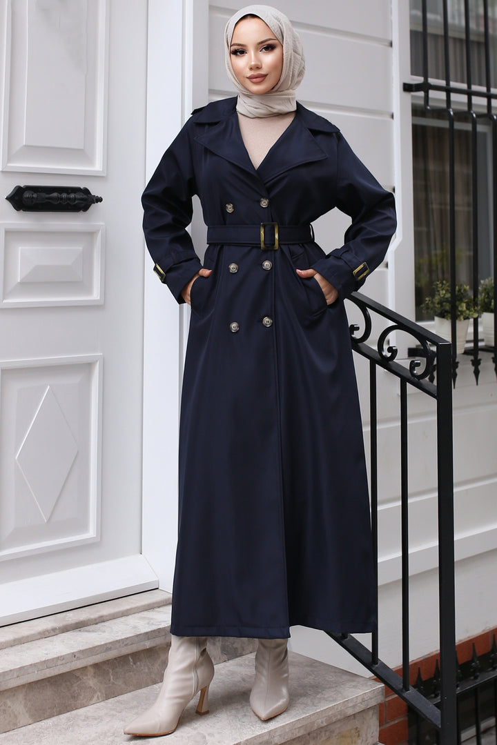 BNG Women Belted Hijab Trench Coat Navy - Edgware