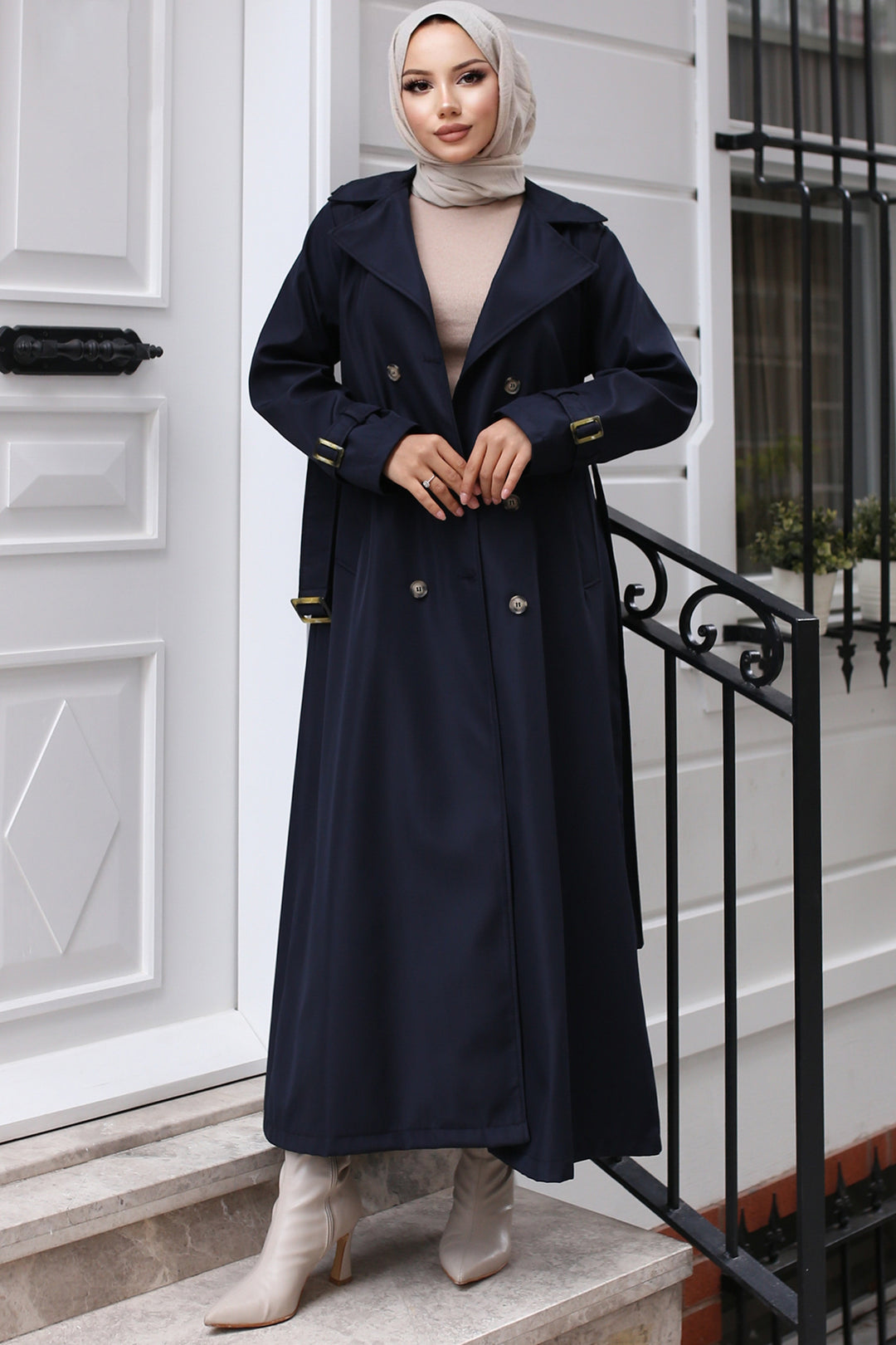 BNG Women Belted Hijab Trench Coat Navy - Edgware