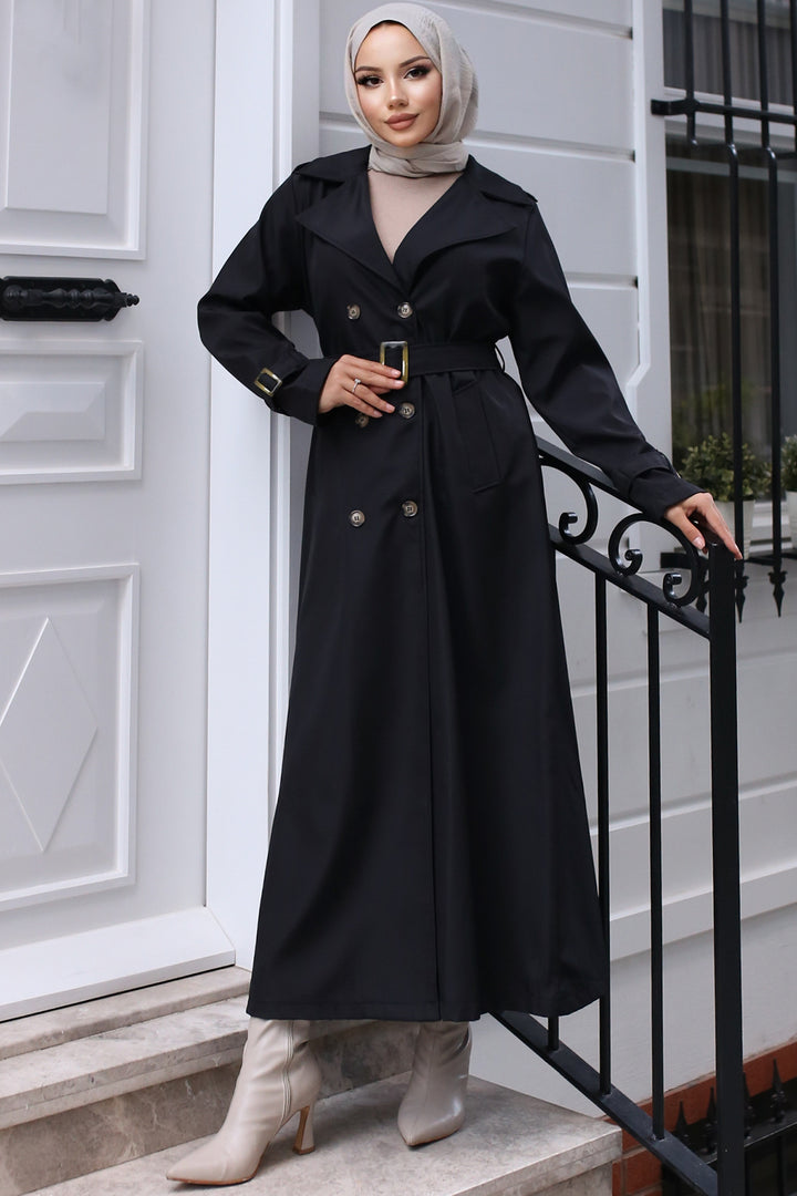 BNG Women Belted Hijab Trench Coat Black - Ágioi Anárgyroi