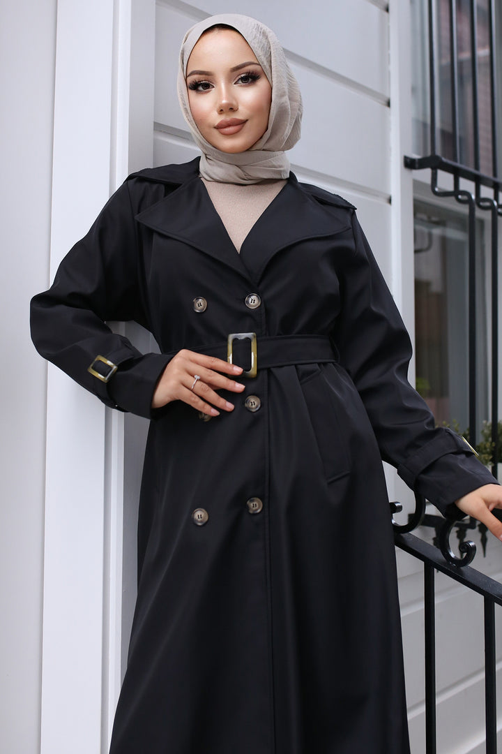 BNG Women Belted Hijab Trench Coat Black - Ágioi Anárgyroi