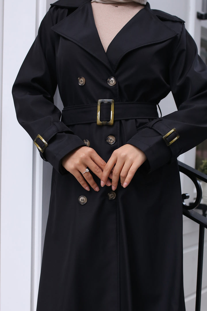 BNG Women Belted Hijab Trench Coat Black - Ágioi Anárgyroi