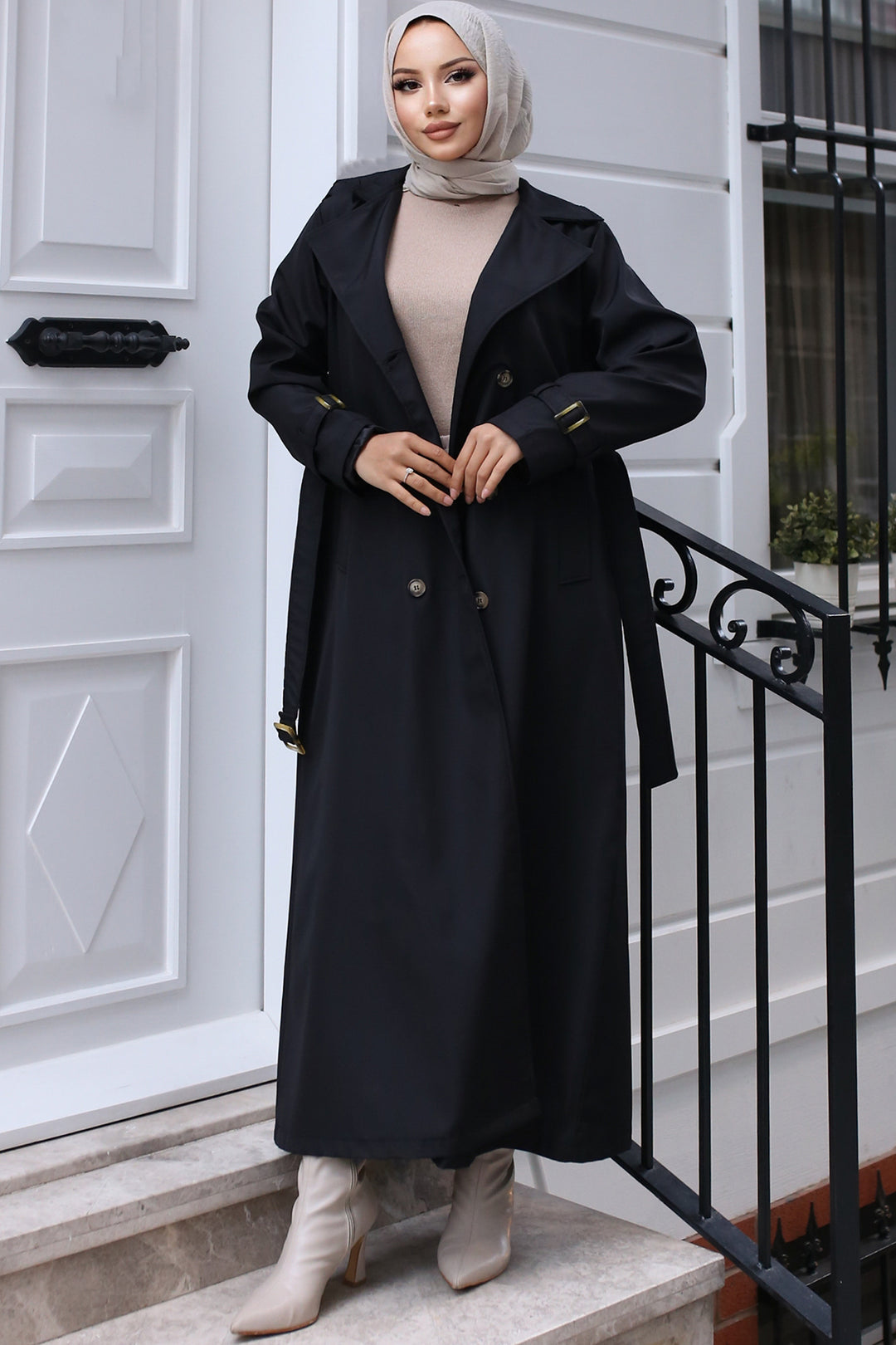 BNG Women Belted Hijab Trench Coat Black - Ágioi Anárgyroi