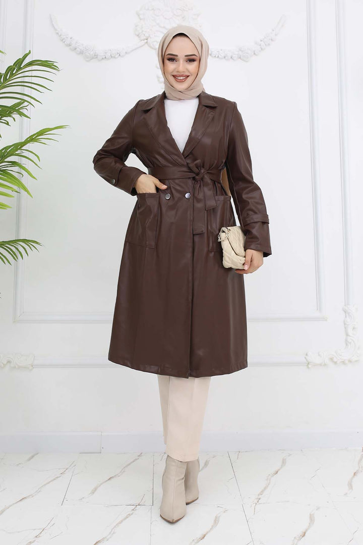 BNG Women Pocket Leather Trench Coat Brown 4952 - West Sacramento