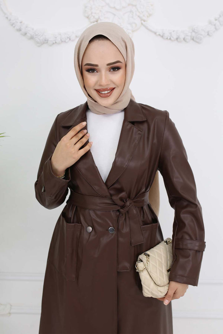 BNG Women Pocket Leather Trench Coat Brown 4952 - Salisbury