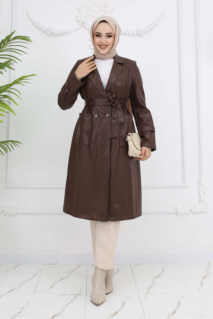 BNG Women Pocket Leather Trench Coat Brown 4952 - West Sacramento