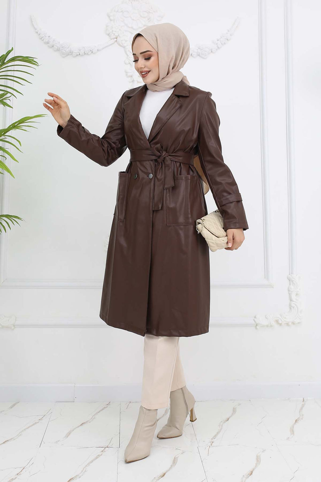 BNG Women Pocket Leather Trench Coat Brown 4952 - West Sacramento