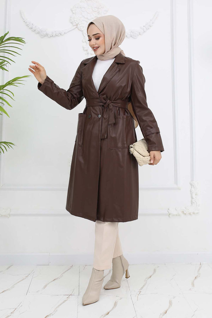 BNG Women Pocket Leather Trench Coat Brown 4952 - West Sacramento