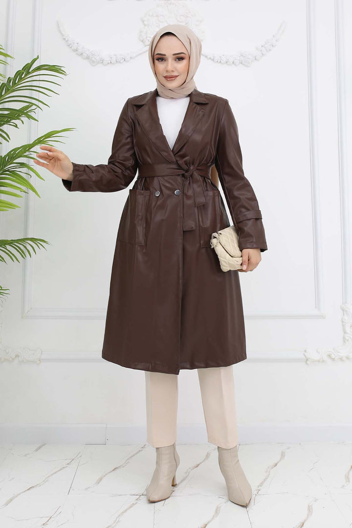BNG Women Pocket Leather Trench Coat Brown 4952 - West Sacramento