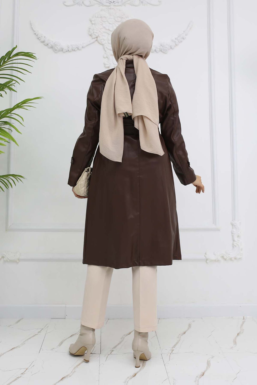 BNG Women Pocket Leather Trench Coat Brown 4952 - West Sacramento