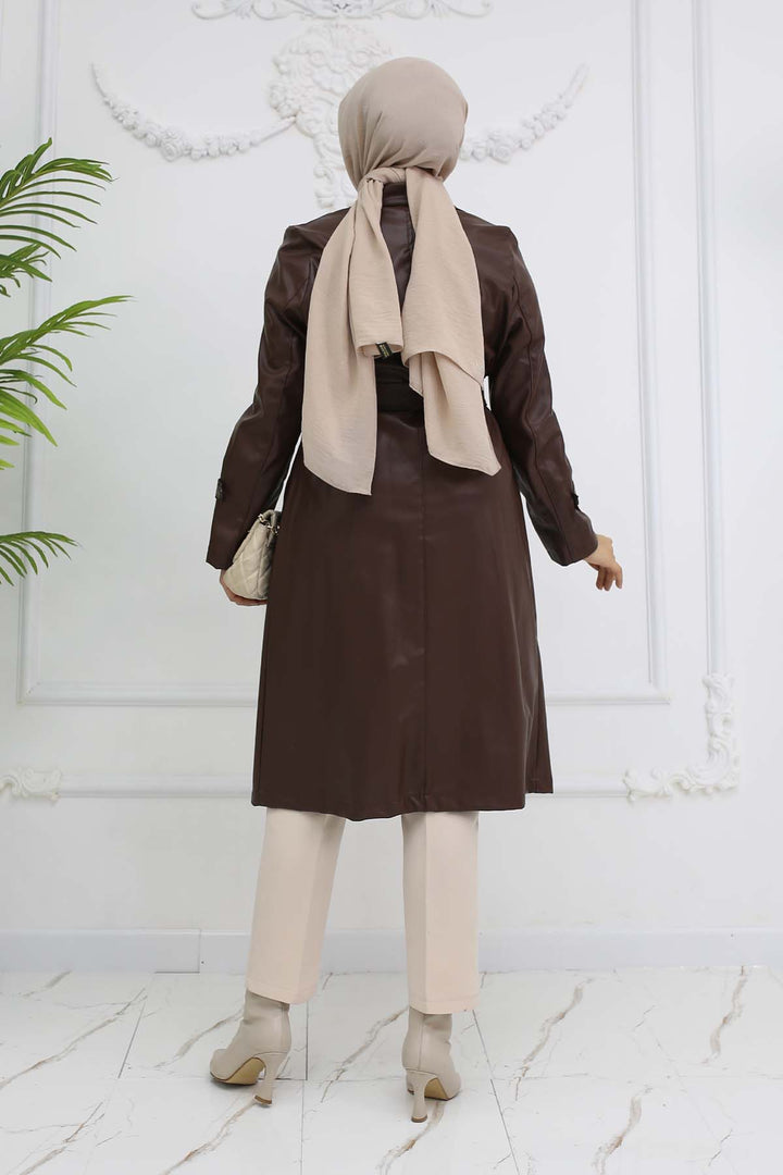 BNG Women Pocket Leather Trench Coat Brown 4952 - West Sacramento