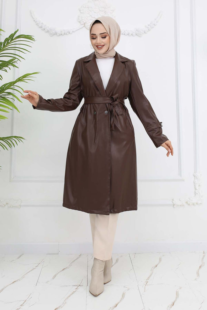 BNG Women Leather Trench Coat Brown 4953 - Ciudad Apodaca