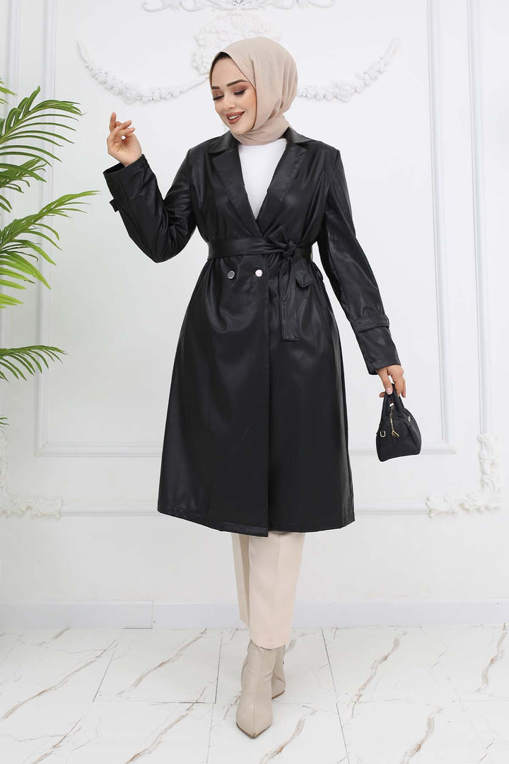 BNG Women Leather Trench Coat Black 4953 - Beja