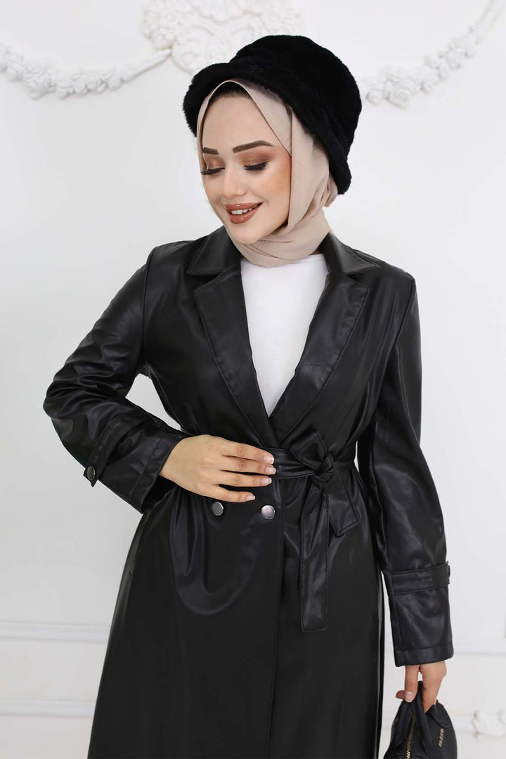 BNG Women Leather Trench Coat Black 4953 - Beja