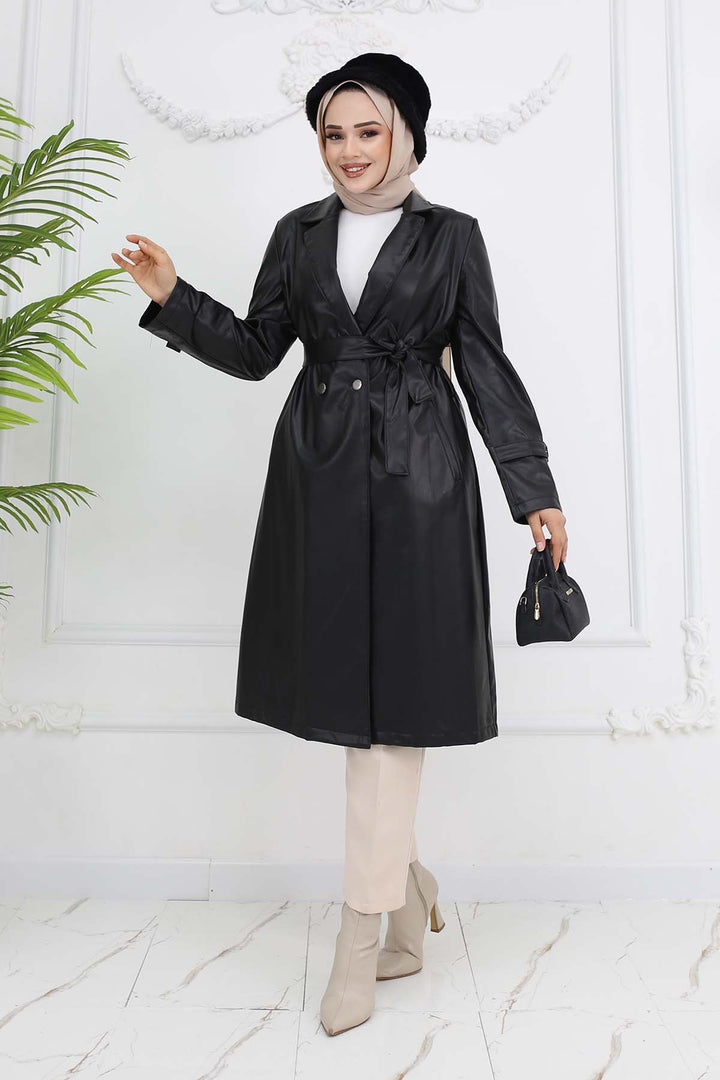BNG Women Leather Trench Coat Black 4953 - Beja