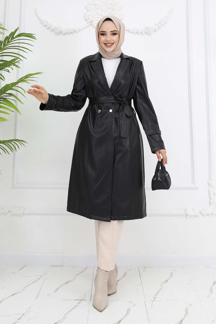 BNG Women Leather Trench Coat Black 4953 - Beja