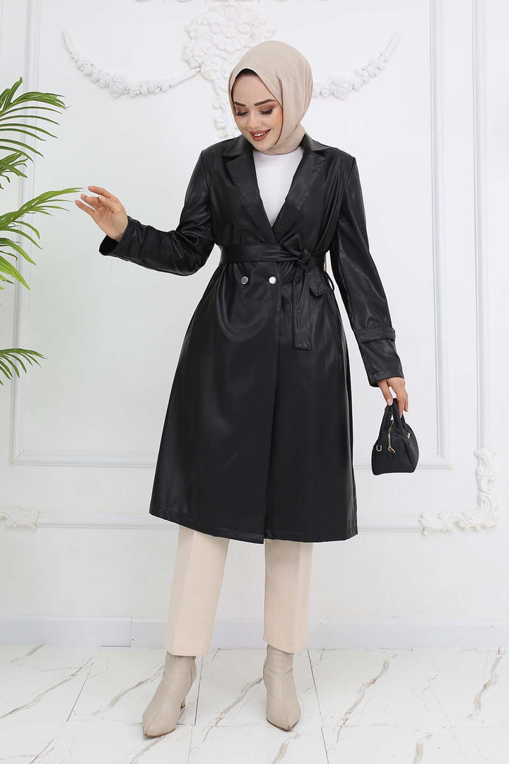BNG Women Leather Trench Coat Black 4953 - Beja