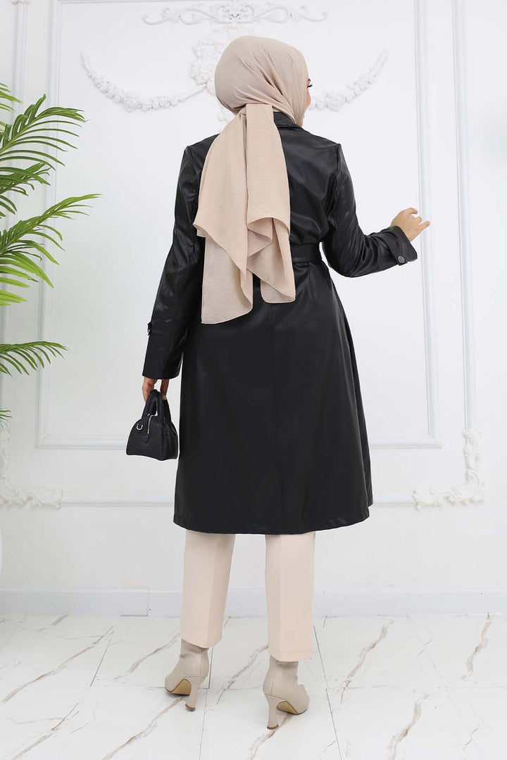 BNG Women Leather Trench Coat Black 4953 - Beja