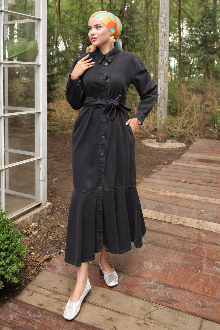 BNG Women Women's Buttoned Hijab Denim Dress 6807 Black - Clermont