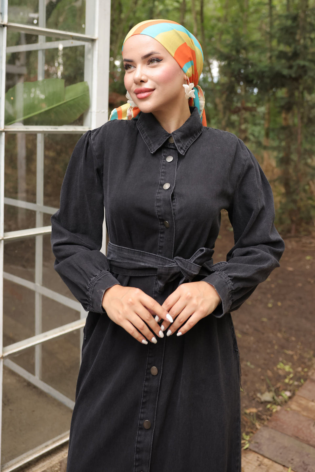 BNG Women Women's Buttoned Hijab Denim Dress 6807 Black - Clermont