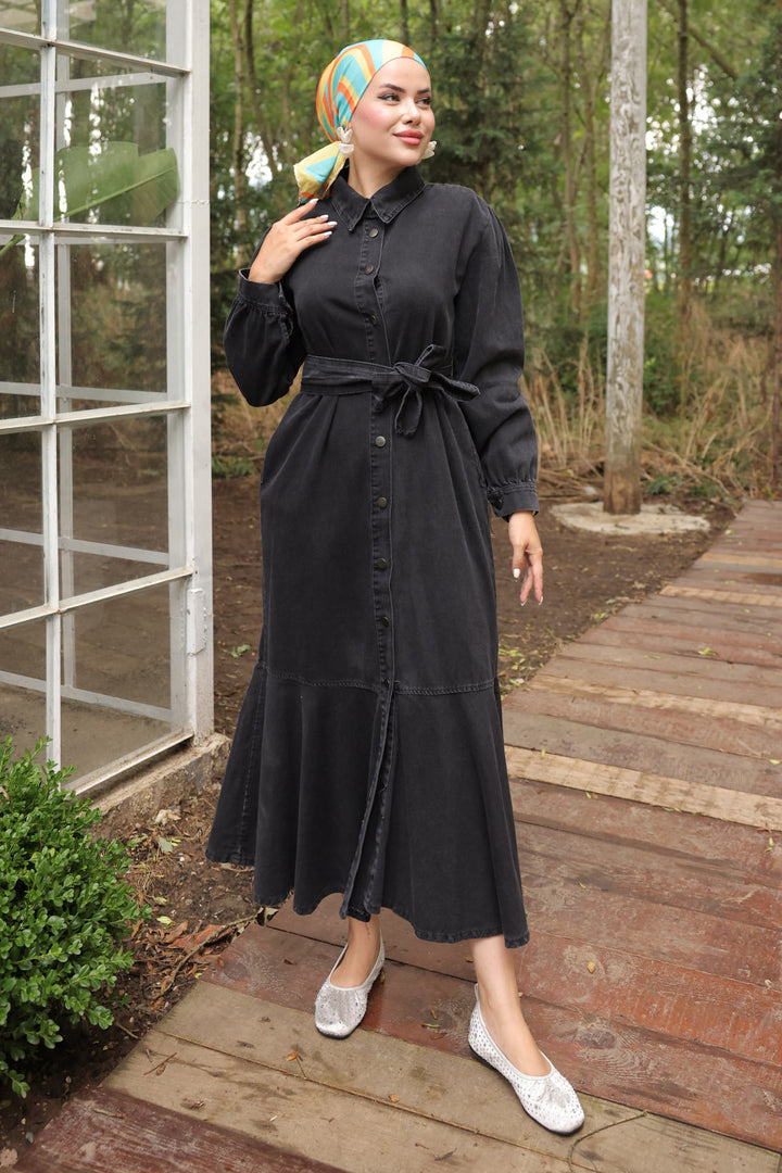BNG Women Women's Buttoned Hijab Denim Dress 6807 Black - Clermont