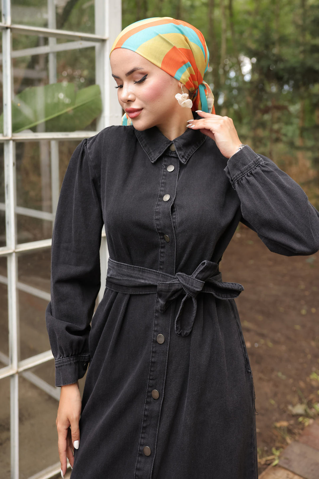 BNG Women Women's Buttoned Hijab Denim Dress 6807 Black - Clermont