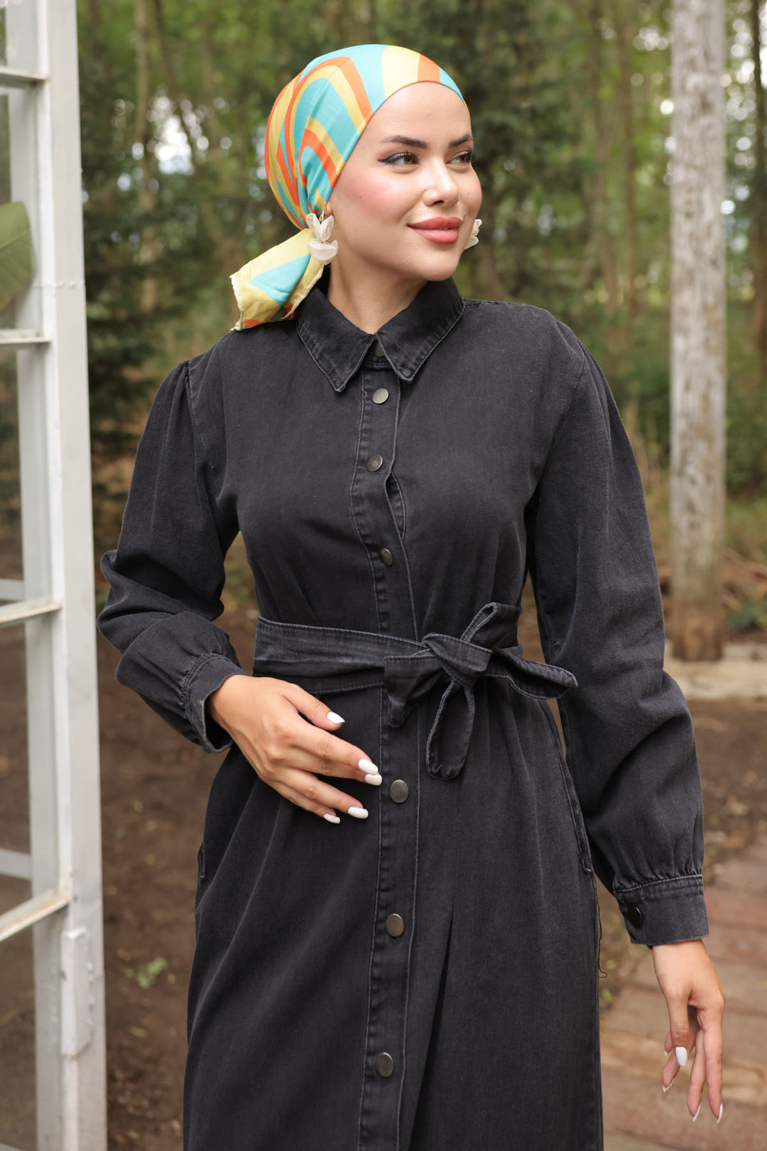 BNG Women Women's Buttoned Hijab Denim Dress 6807 Black - Clermont