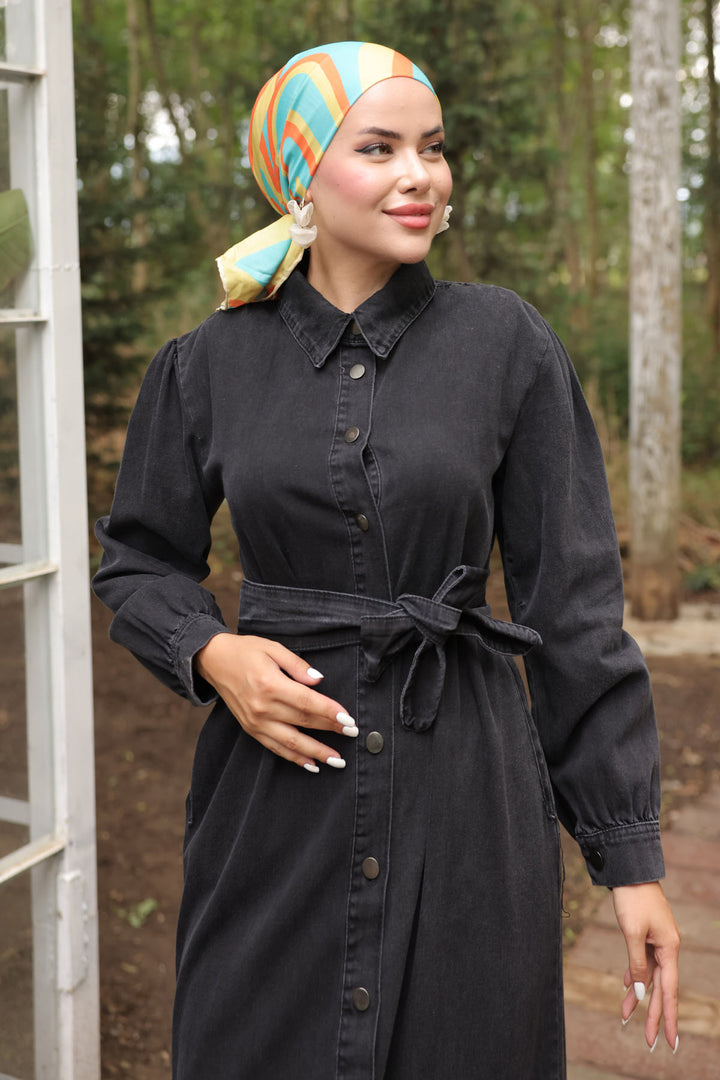 BNG Women Women's Buttoned Hijab Denim Dress 6807 Black - Clermont