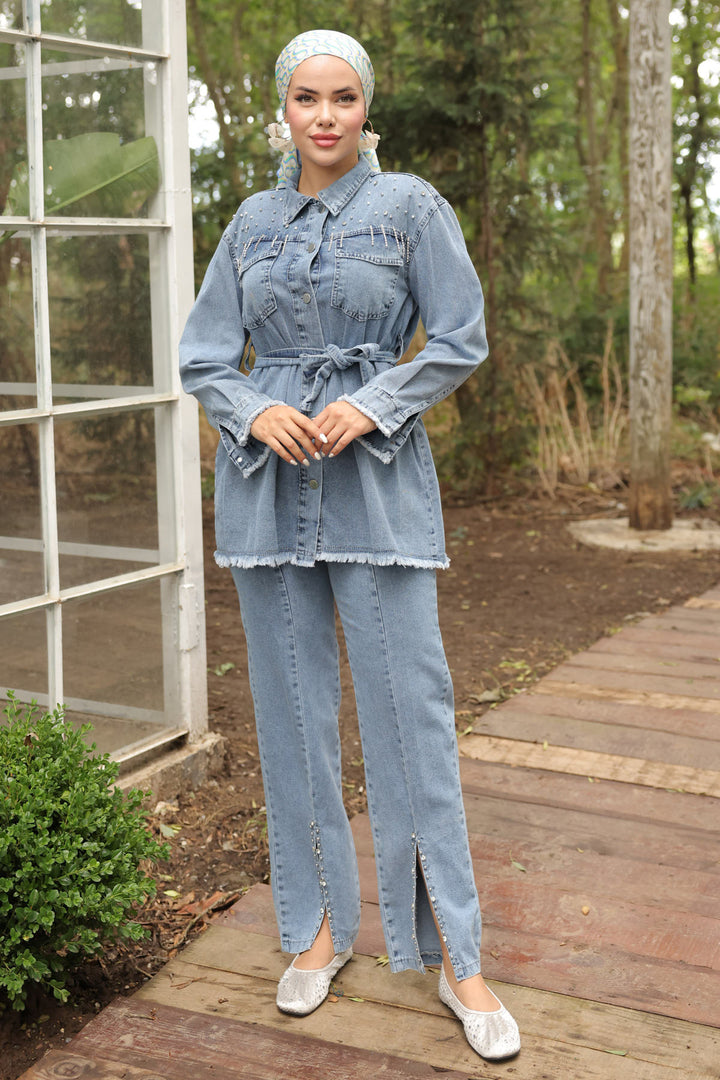 BNG Women  Stone-embellished Belted Denim Suit Blue - Clermont