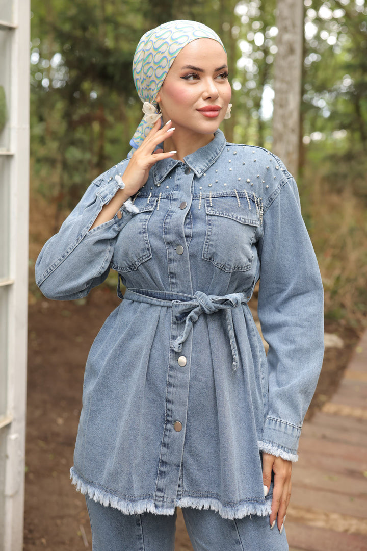 BNG Women  Stone-embellished Belted Denim Suit Blue - Clermont