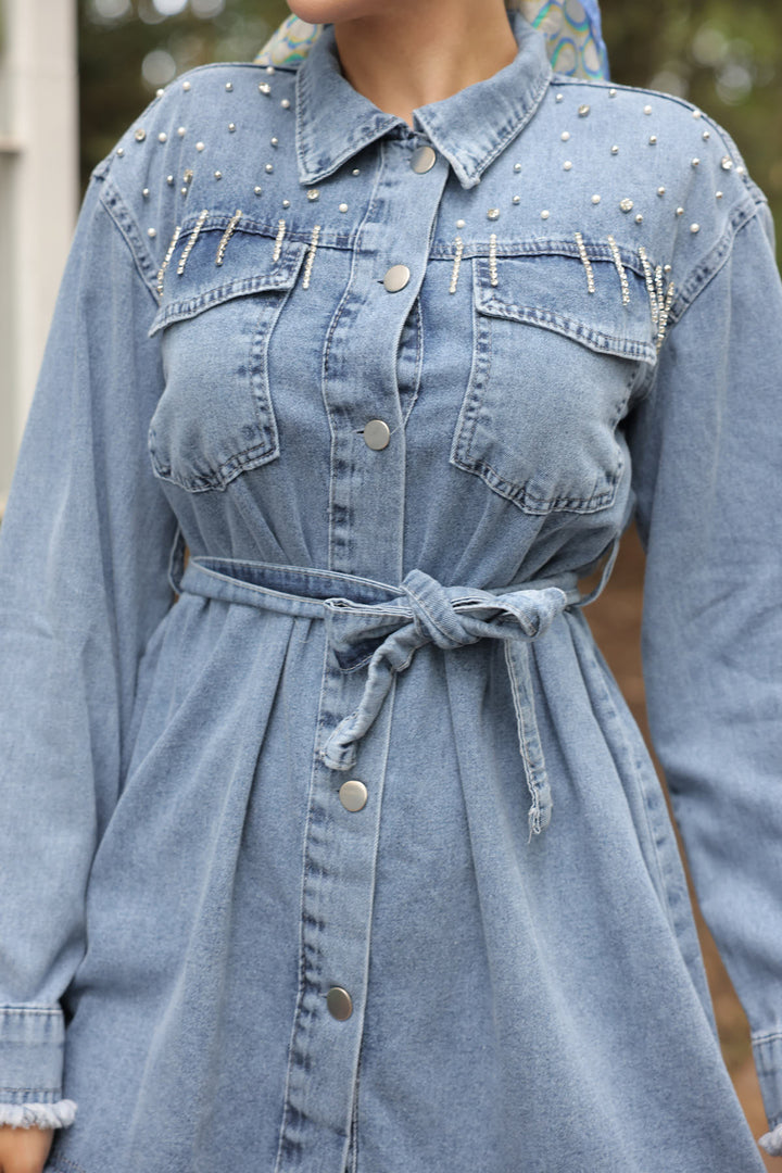 BNG Women  Stone-embellished Belted Denim Suit Blue - Clermont