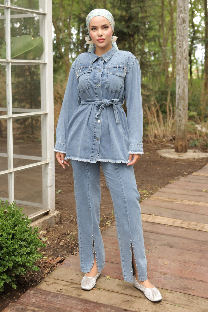 BNG Women  Stone-embellished Belted Denim Suit Blue - Clermont