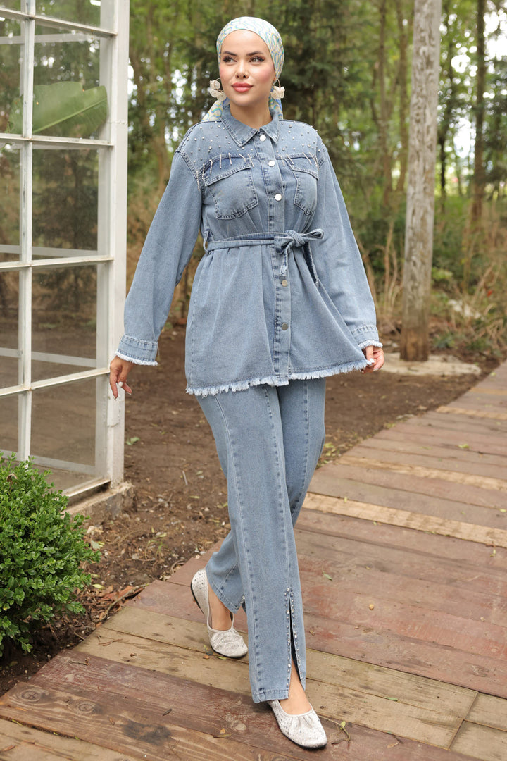BNG Women  Stone-embellished Belted Denim Suit Blue - Clermont