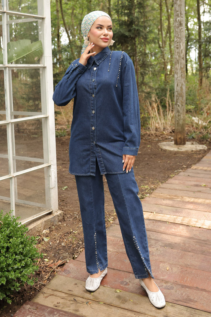 BNG Women Navy Blue Denim Suit with Stone Detailed Slit Hem - Clermont