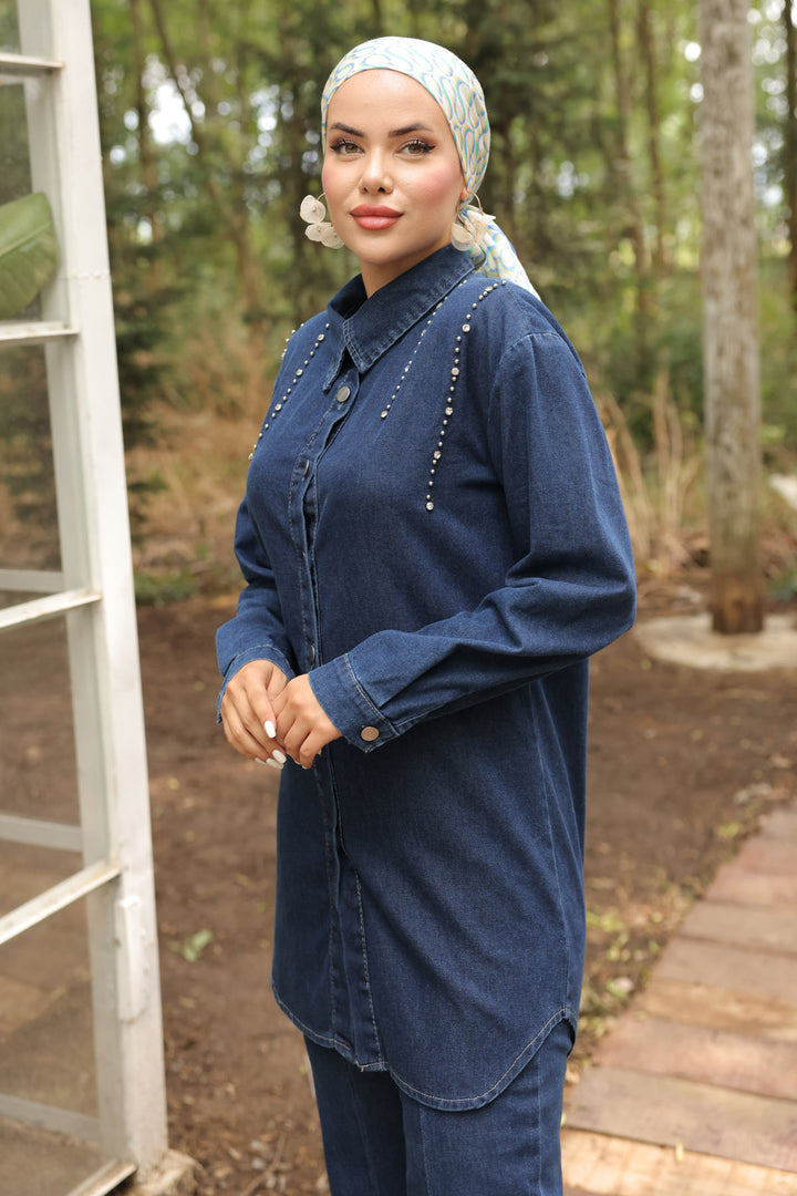 BNG Women Navy Blue Denim Suit with Stone Detailed Slit Hem - Clermont