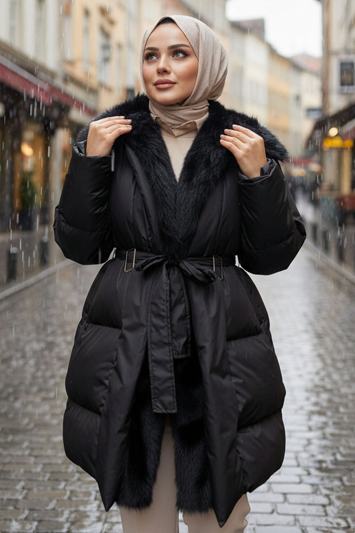 BNG Women Kürk Detaylı Kemerli Mont O7183 Siyah - Jeffersonville