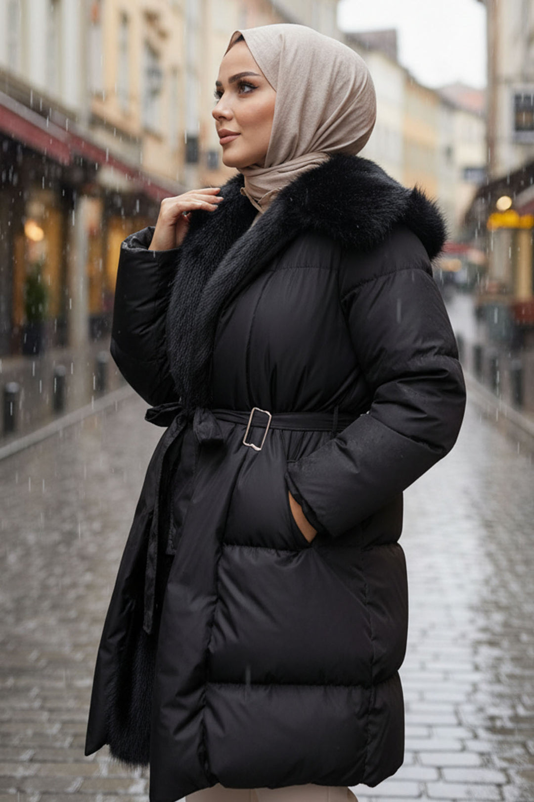 BNG Women Kürk Detaylı Kemerli Mont O7183 Siyah - Jeffersonville